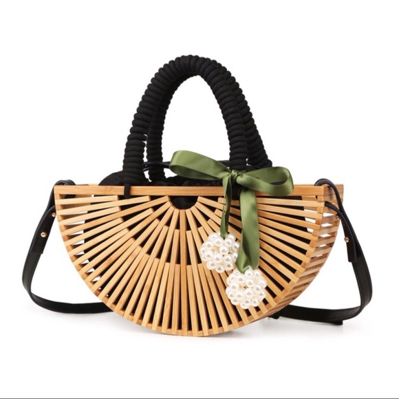 Black braided bamboo handbag with canvas bag - Picture 7 of 13